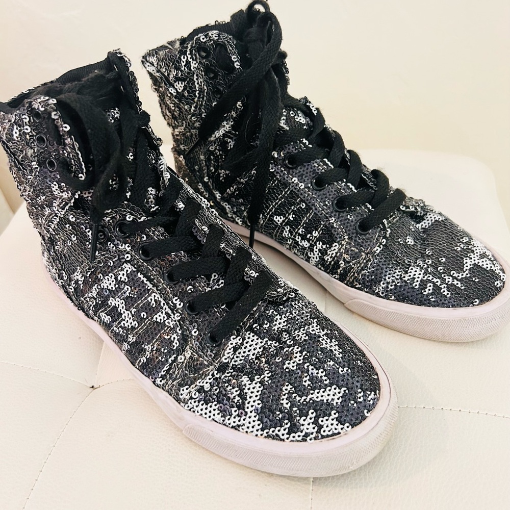 Supra Black & Silver Fully Sequined High Top  Skytop Sneakerss Size 7 - Picture 8 of 10